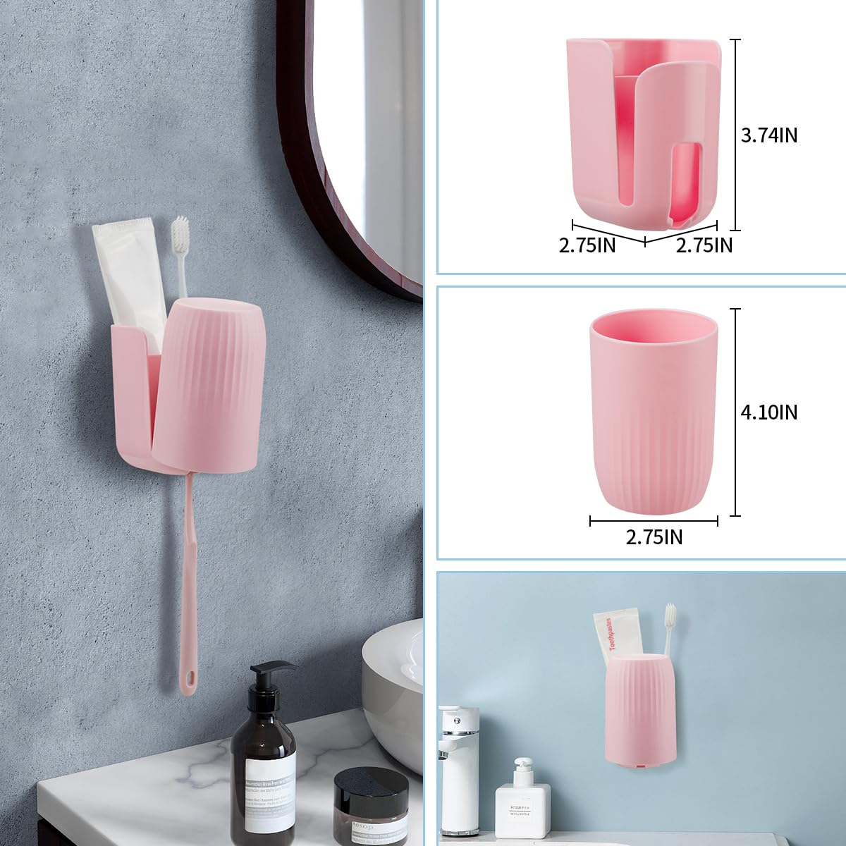 oppfacx Toothbrush Holders for Bathrooms Toothbrush Holders Wall Mounted BPA-Free Tooth Brush Holder with Toothbrush Cup Drilling-Free (Pink)