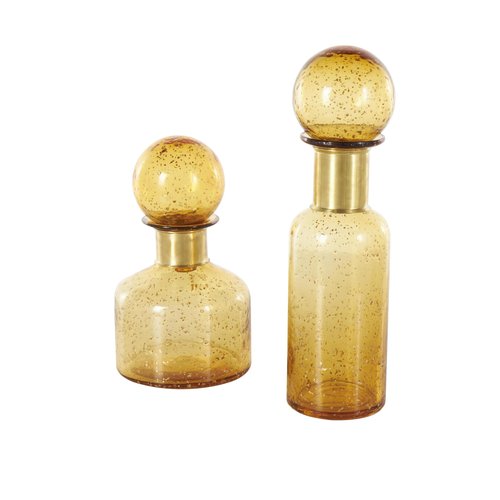 Deco 79 Glass Living Room Decorative Jars Speckled Ombre Decorative Container with Round Orb Tops, Set of 2 Jar with Lid 14", 10"H, Yellow