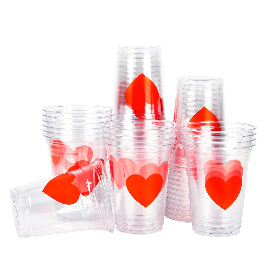 AimFun 50Pcs Valentine's Day Plastic Cups Red Heart Party Cups 12oz Clear Heart Disposable Drinking Cups for Valentines Wedding Galentine's Day Anniversary Party Supplies