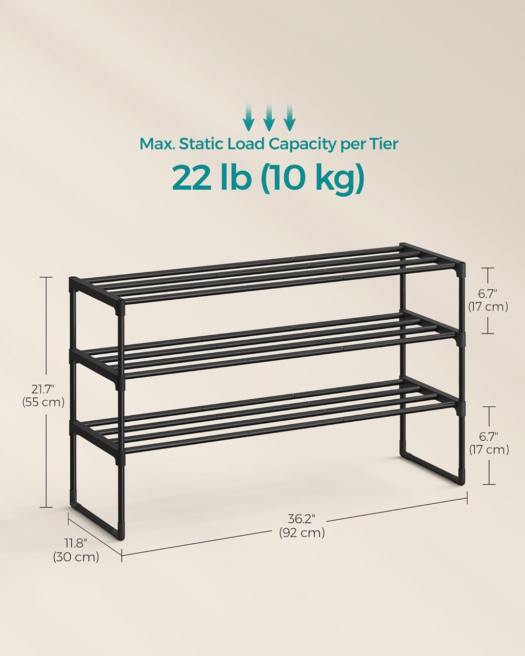 SONGMICS Shoe Rack - 3-Tier Metal Organizer for 16-20 Pairs | Stackable & Versatile Design, Black 11.8 x 36.2 x 21.7 Inches
