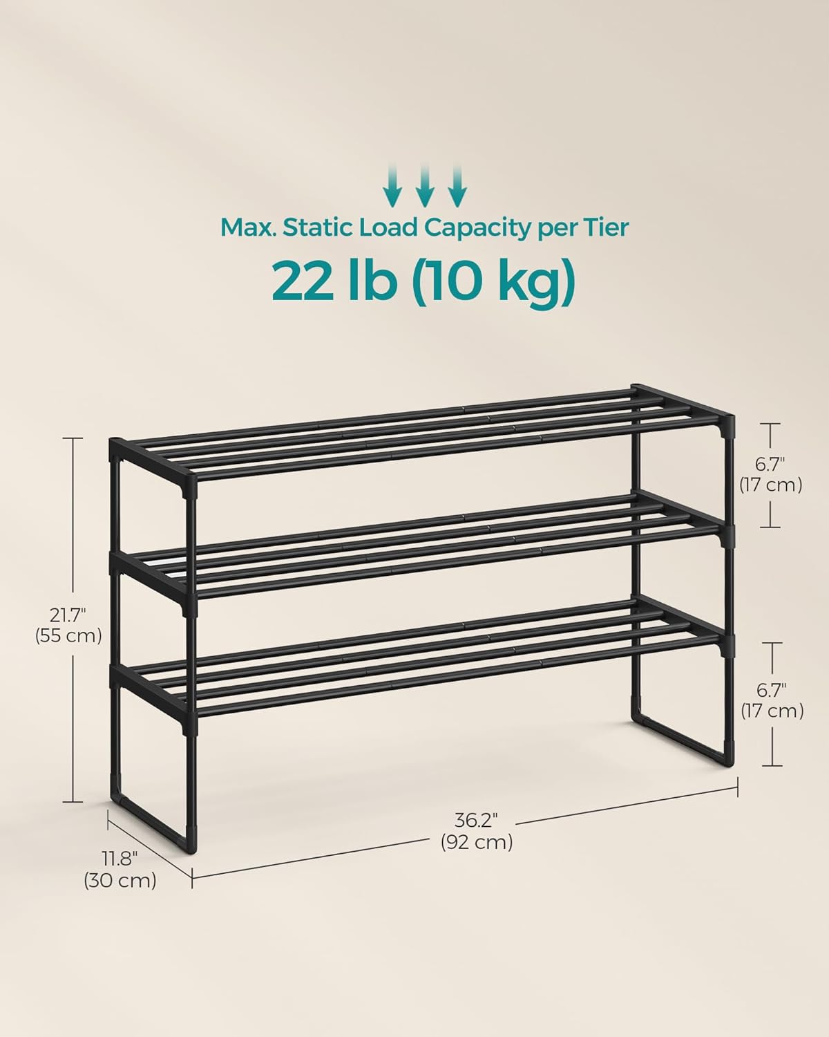 SONGMICS Shoe Rack - 3-Tier Metal Organizer for 16-20 Pairs | Stackable & Versatile Design, Black 11.8 x 36.2 x 21.7 Inches