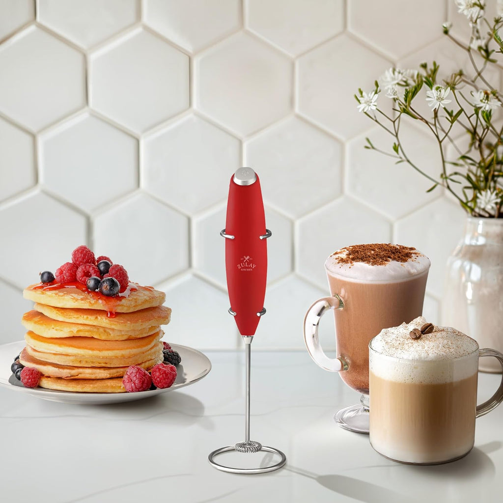 Zulay Kitchen Milk Frother Wand - Ultra-Fast Handheld Mixer for Coffee & Lattes - Cardinal Red