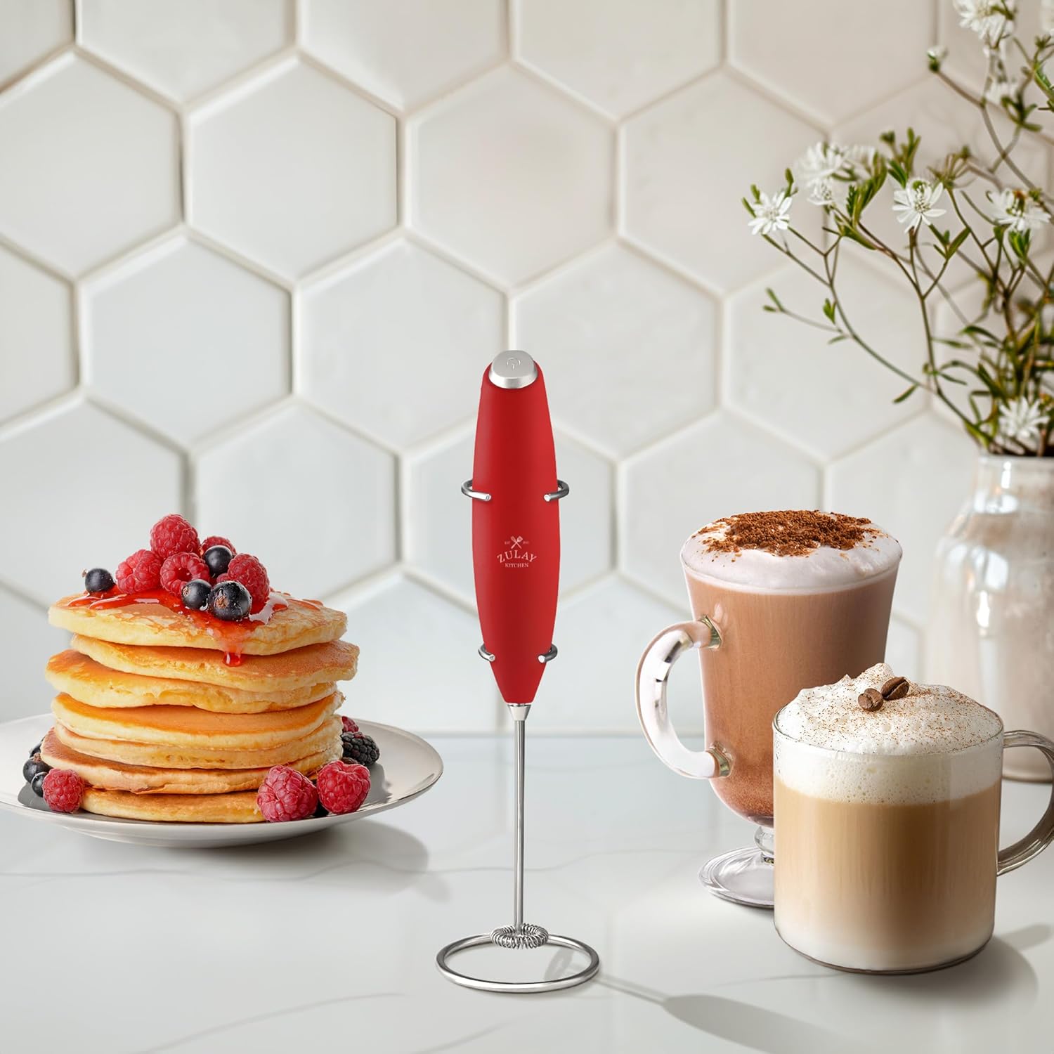 Zulay Kitchen Milk Frother Wand - Ultra-Fast Handheld Mixer for Coffee & Lattes - Cardinal Red