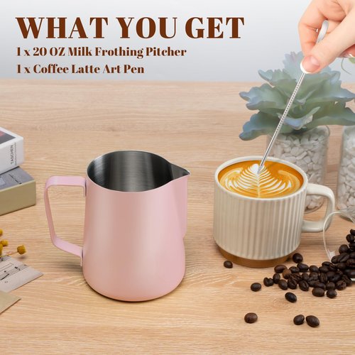 Amrules Milk Frothing Pitcher, 20 oz Milk Frother Cup with Clear Scale, 304 Stainless Steel Cappuccino Espresso Machine Accessories for Barista Coffee Bar with Latte Art Pen, Pink