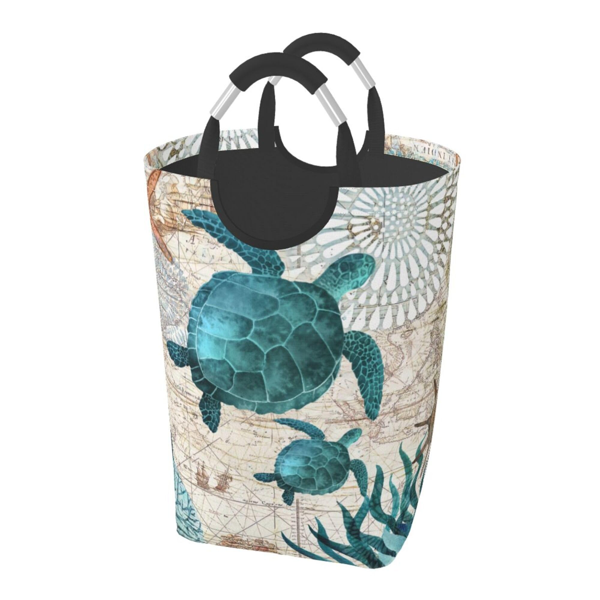LIBIFALL Vintage Sea Turtle Large Laundry Basket Beach Decor Laundry Hamper Bag Collapsible Laundry Baskets Clothes Hamper with Handles Ocean Storage Baskets For Bathroom, Dorm, Family, 50L