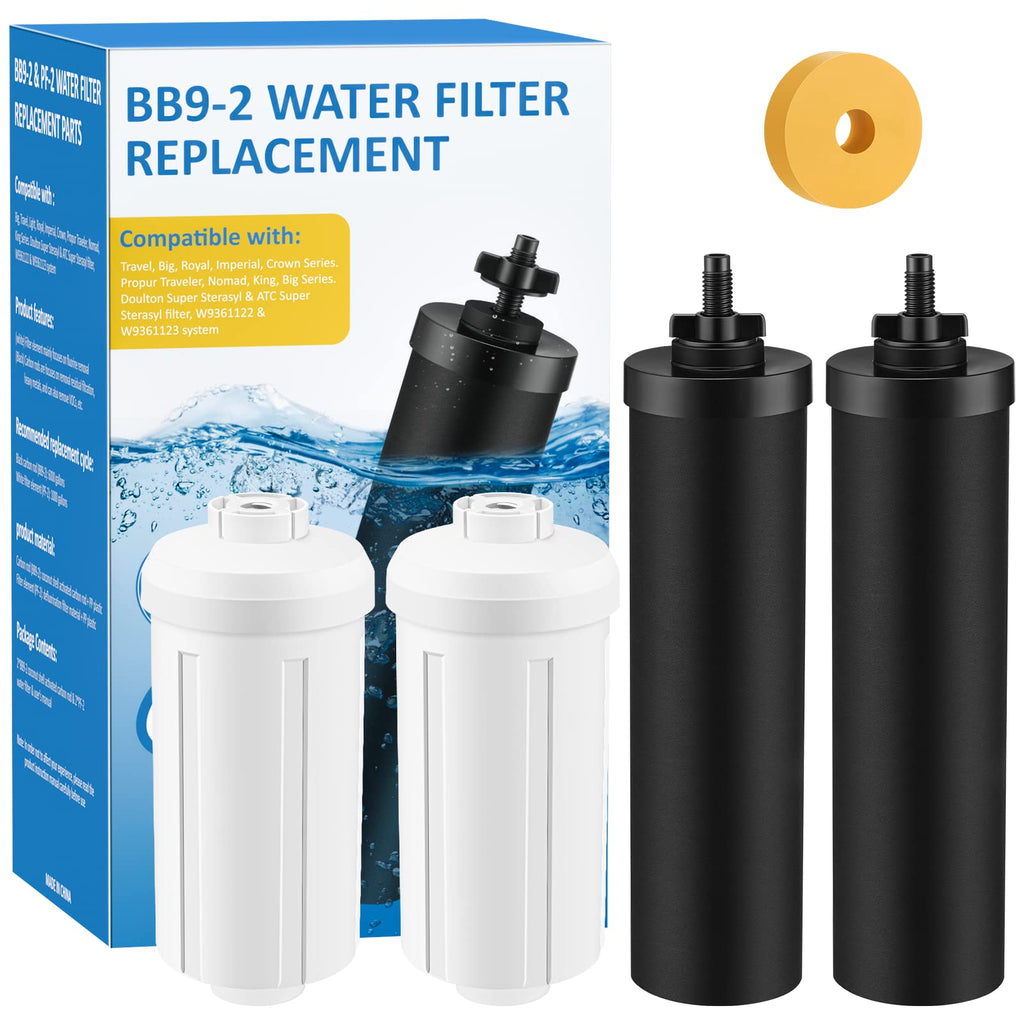 Water Filter Replacement Compatible with Berkey, BB9-2 Filters & PF-2 Fluoride Filters Compatible with Berkey Big, Light, Imperial, Travel, Crown, Royal Series (4 PACK)