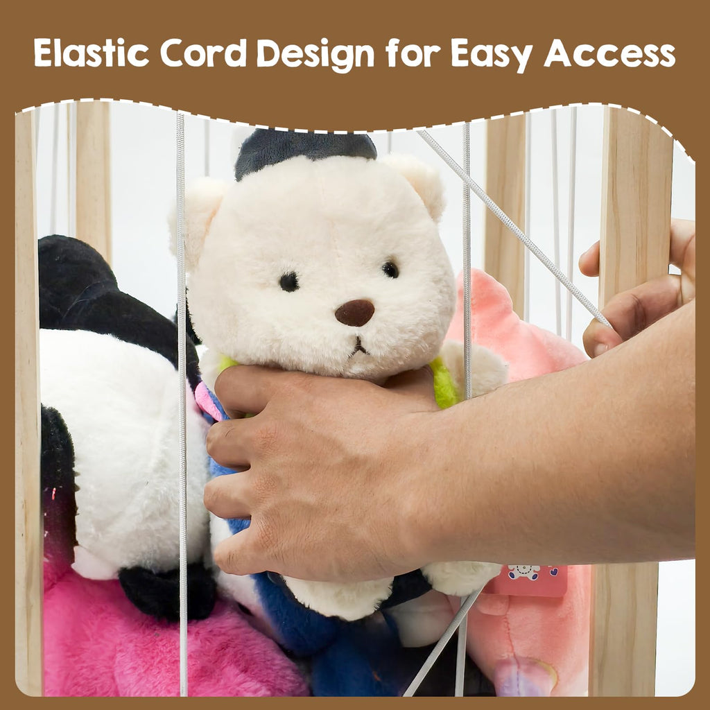 DEMEGA Stuffed Animal Zoo Storage with Wheels, Mobile Wooden Toy Organizer Cage with Elastic Band, Easy Assembly Large Capacity for Nursery Playroom Bedroom