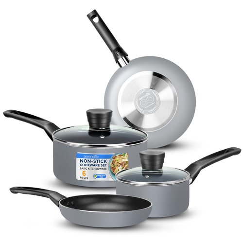 SereneLife Kitchenware Pots and Pans Set, Basic Kitchen Nonstick Cookware Set, Heat Resistant Lacquer (6-Piece Set), One Size, Gray