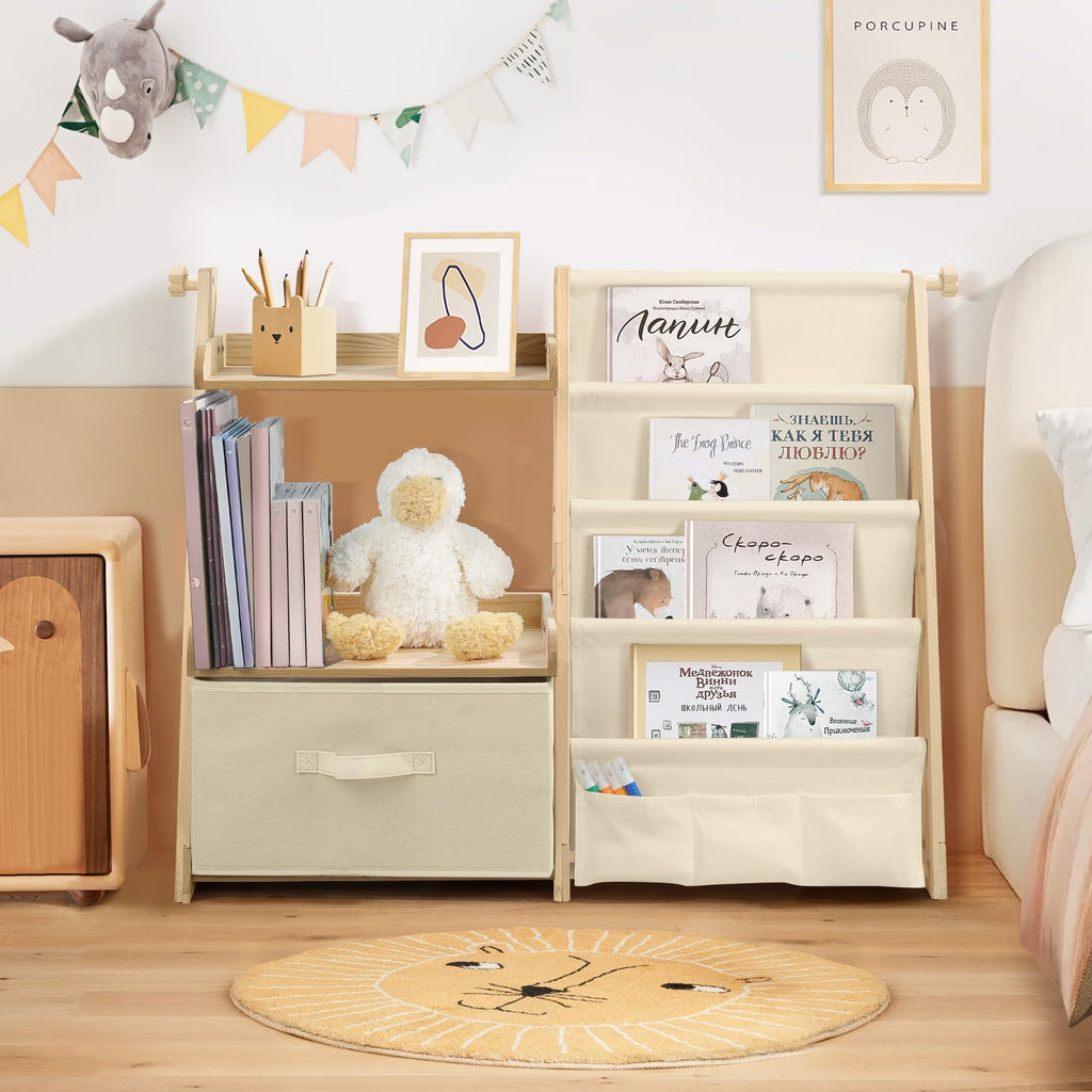 wooshwa Kids Bookshelf and Toy Organizer 2 in 1,Book Shelf for Kids Rooms with Movable Toy Bin,4 Tier Toddler Sling Book Rack for Nursery Bedroom Playroom (Beige)