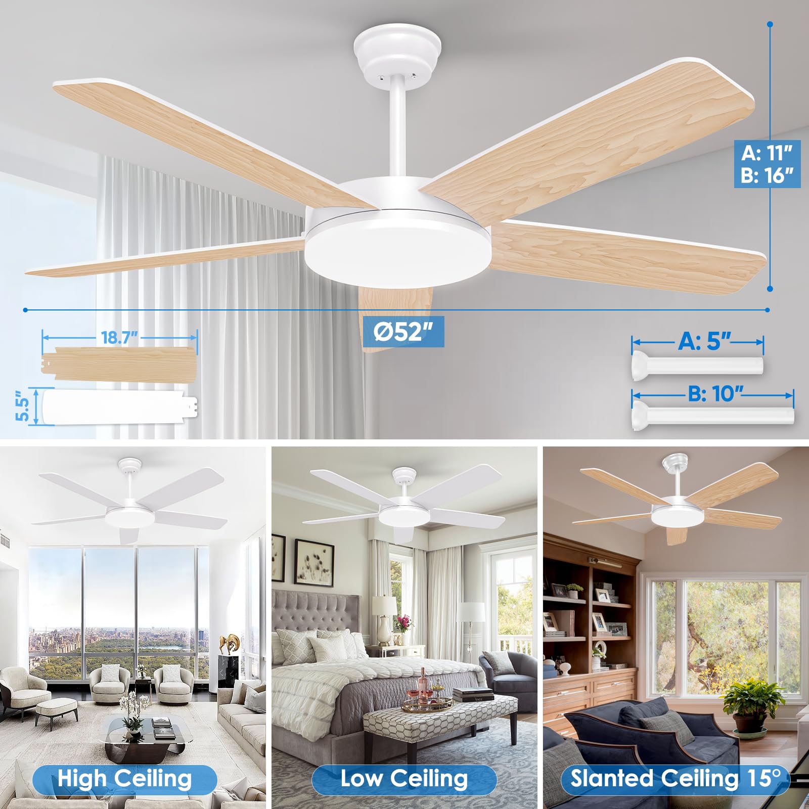ropelux 52-Inch Ceiling Fans with Lights: Powerful Wind, Ultra-Quiet, High Bright&Screw-Free for Blade Installation, Dimmable, Forward&Reversible Fan with Remote APP Control for Bedroom/Living Room.