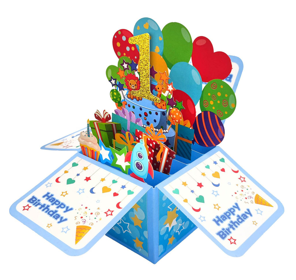 ZOOYOO Happy 1st Birthday Card,3D Pop Up First Birthday Greeting Card for Baby Boy,Son,Grandson,Nephew with 1 Envelop,1 Message Card(Blue)