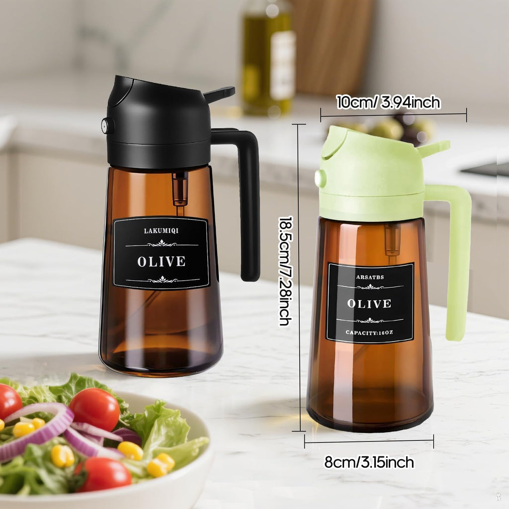 Olive Oil Sprayer 16oz - Premium Dark Brown Glass Dispenser for Cooking & Air Fryer | 2-in-1 Spray & Pour