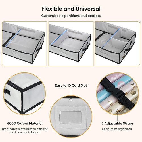 BALEINE Wrapping Paper Storage Organizer - Durable 600D Oxford Fabric Gift Wrap Bag with Flexible Partitions | Gray (Pack of 2)