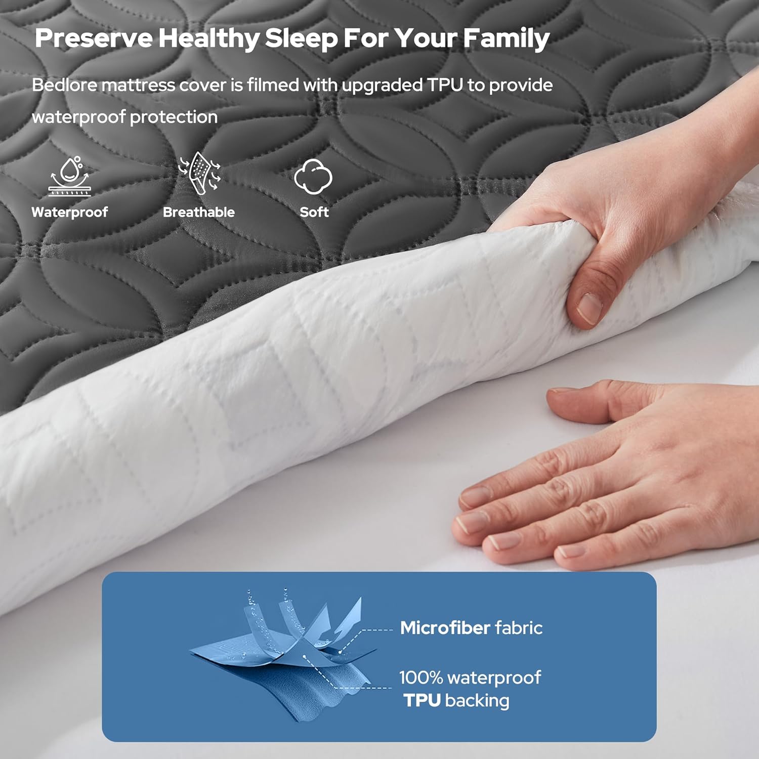 BEDLORE Waterproof Mattress Protector - Full Size Deep Pocket Pad (6"-15" Depth) - Soft & Breathable Gray Cover