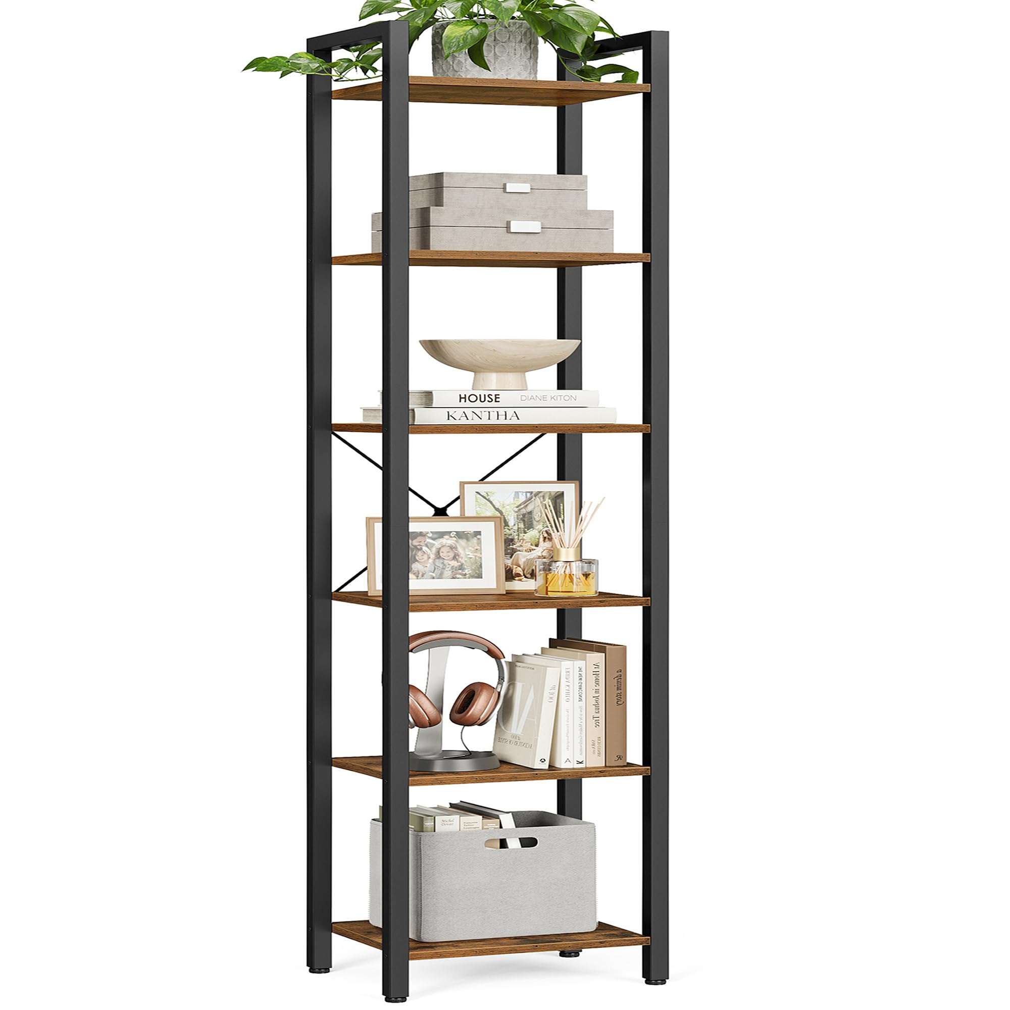 VASAGLE 6-Tier Bookshelf, Bookcase with Steel Frame, Book Shelf for Living Room, Home Office, Study, 11.8 x 15.7 x 73.2 Inches, Industrial Style, Rustic Brown and Ink Black ULLS101B01