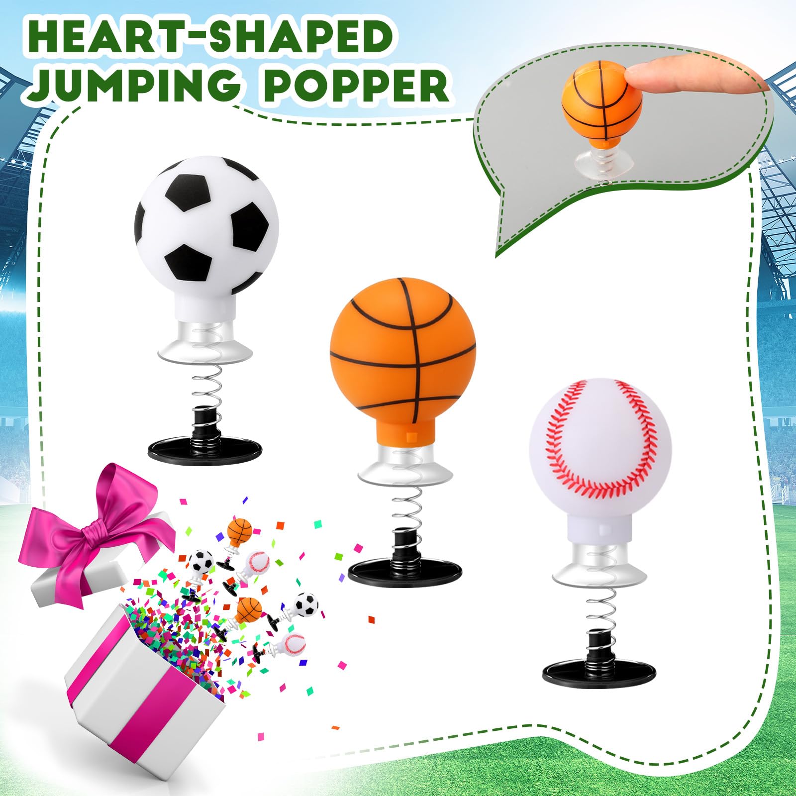 Jenaai 24 Sets Valentine's Sports Themed Card and Assorted Ball Spring Launcher Funny Pop up Bouncy Jumping for Valentines Party Favors Exchange Gift Award Prize Sensory Fidget