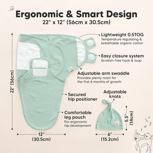 KeaBabies Organic Swaddles 3-Pack - Soft Cotton Baby Sleep Sacks & Hats for Newborns (Sage)