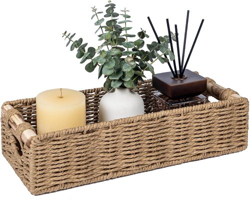 CubesLand Back of Toilet Storage Basket - Handwoven Wicker Organizer with Cut-Out Handle | Neutral Color