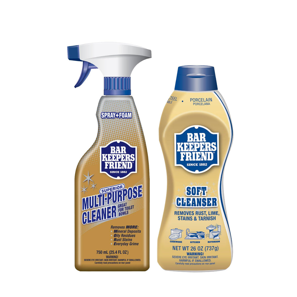 Bar Keepers Friend Soft Cleanser (26 oz) MORE Spray + Foam (25.4 oz) Multipurpose Cleaner Bundle, Stain & Rust Remover for Multi Surface Bathroom, Kitchen & Outdoor Cleaning