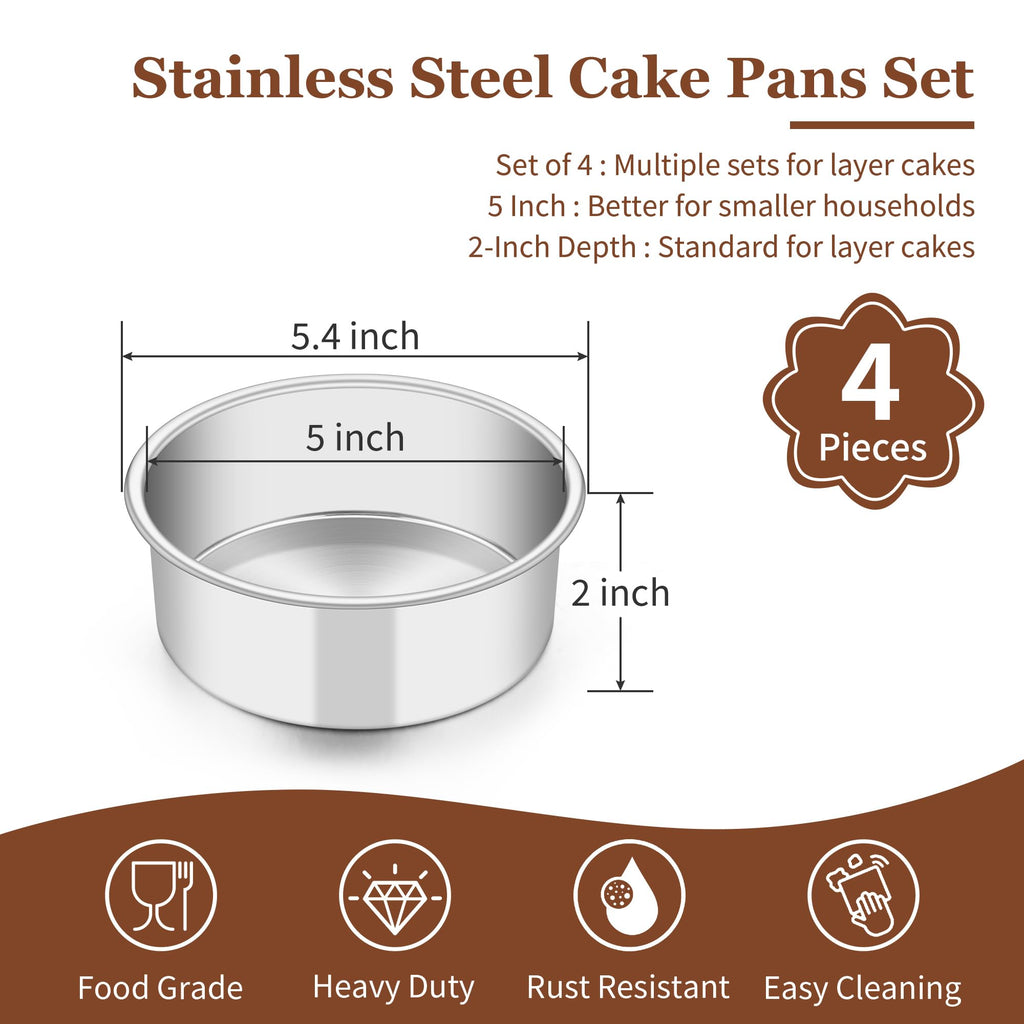 TeamFar 5 Inch Cake Pan Set of 4, Stainless Steel Small Layer Cake Baking Pans Tins, Round Bakeware for Birthday Wedding Party, Non-Toxic & Healthy, Mirror Finish & Dishwasher Safe