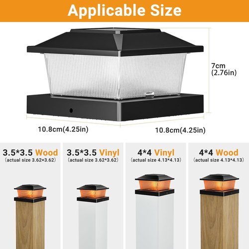 Btfarm Solar Flame Post Cap Lights - Waterproof Flickering 4-Pack for 4x4 & 3.5x3.5 Posts | Black