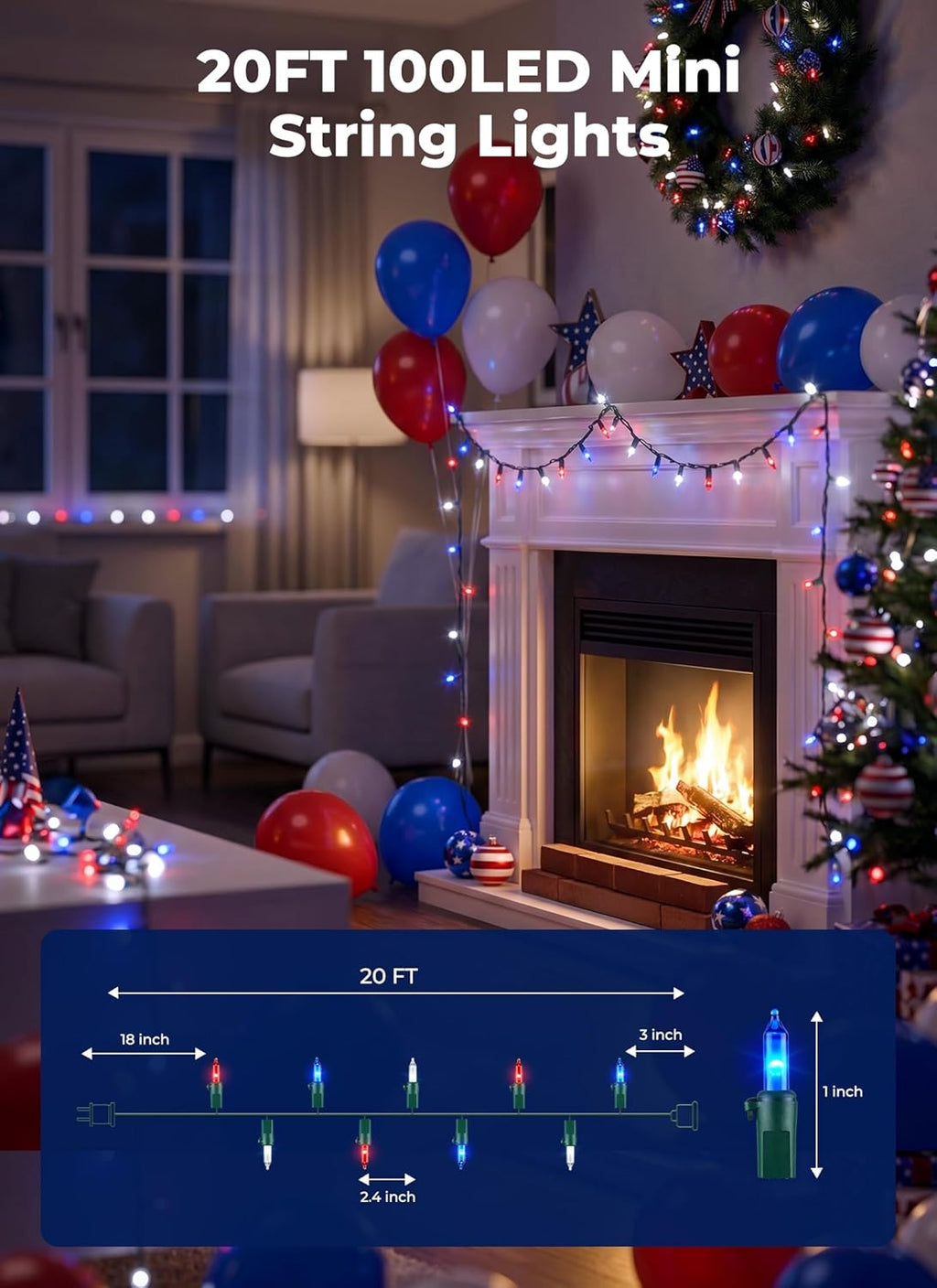 Minetom LED Christmas String Lights - 100 Count, 22 Feet Waterproof Mini Lights for Patriotic 4th of July Decor