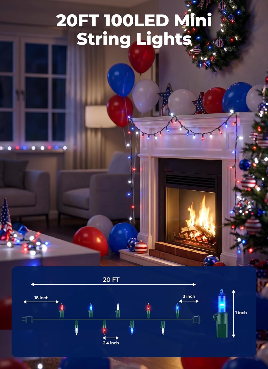 Minetom LED Christmas String Lights - 100 Count, 22 Feet Waterproof Mini Lights for Patriotic 4th of July Decor
