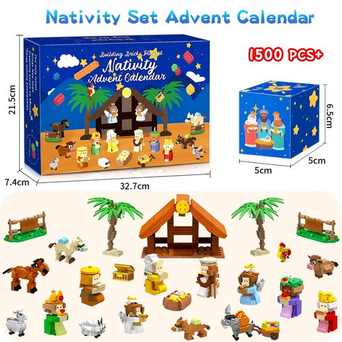 Nativity Advent Calendar 2025 Kids Adult Girls Boys Teens, 1500PCS Christmas Advent Calendar Christmas Gifts for Kids Nativity Set for Kids Girls stocking stuffers 24 Boxes Christian Advent calendar 2025