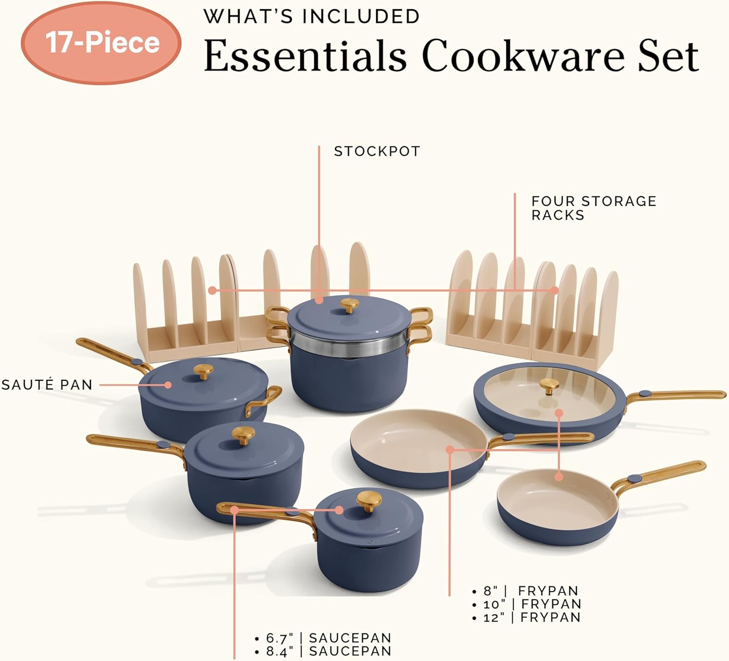 Our Place 17-Piece Cookware Set - Nonstick Ceramic Fry Pans, Saucepans & Stock Pot | Oven Safe to 450°F | Blue Salt