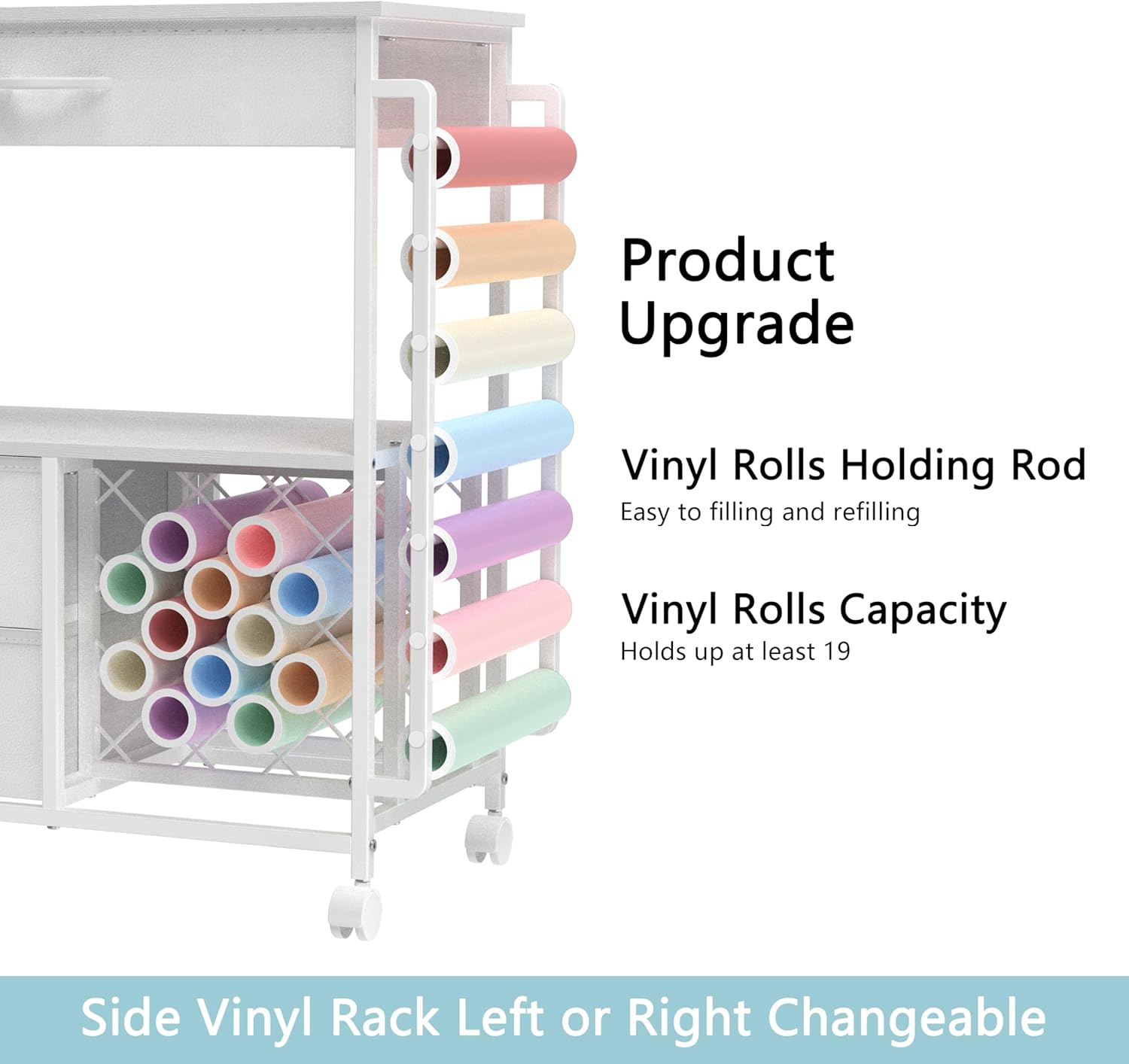 VENNQD Storage Cart - Cricut Machine Stand with Drawers & Vinyl Roll Holder | White Craft Cabinet