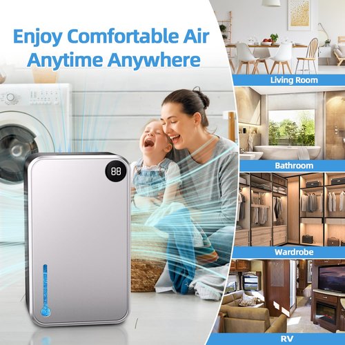Dehumidifier, Small Dehumidifiers Quiet with Auto Shut Off, Humidity Display Dehumidifier for Bedroom/Bathroom, Timer, Drain Hose, 7-color LED light, Moisture Absorbers (Grey)
