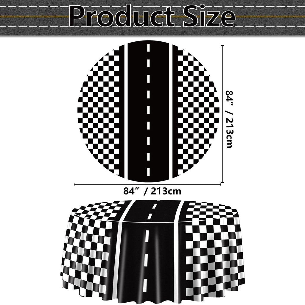 PIXHOTUL Racing Car Tablecloths for Round Table, Plastic Black Racetrack Tablecover for Kid's Birthday Racing Car Theme Party Fast One Two Fast Party, 84 x 84in