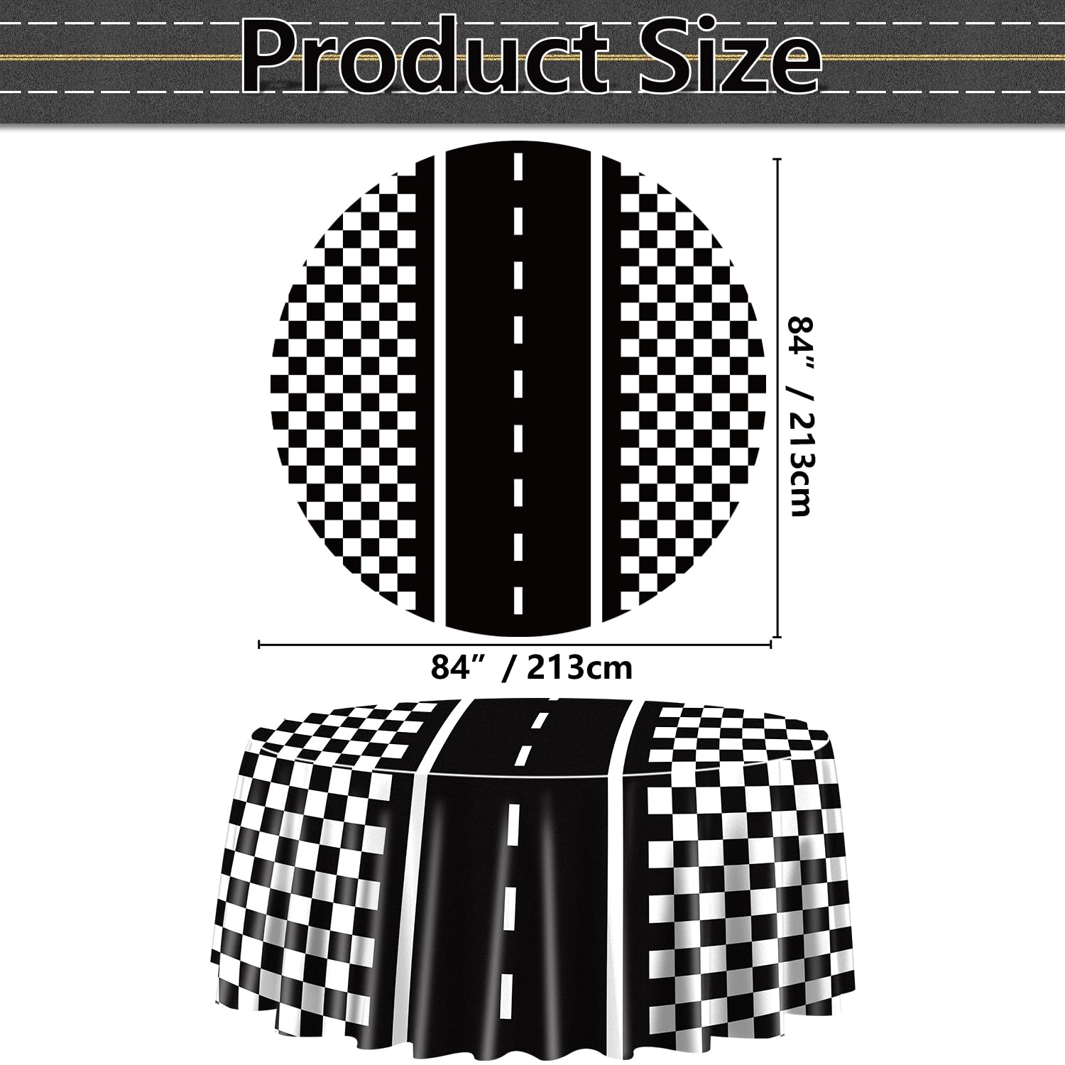 PIXHOTUL Racing Car Tablecloths for Round Table, Plastic Black Racetrack Tablecover for Kid's Birthday Racing Car Theme Party Fast One Two Fast Party, 84 x 84in