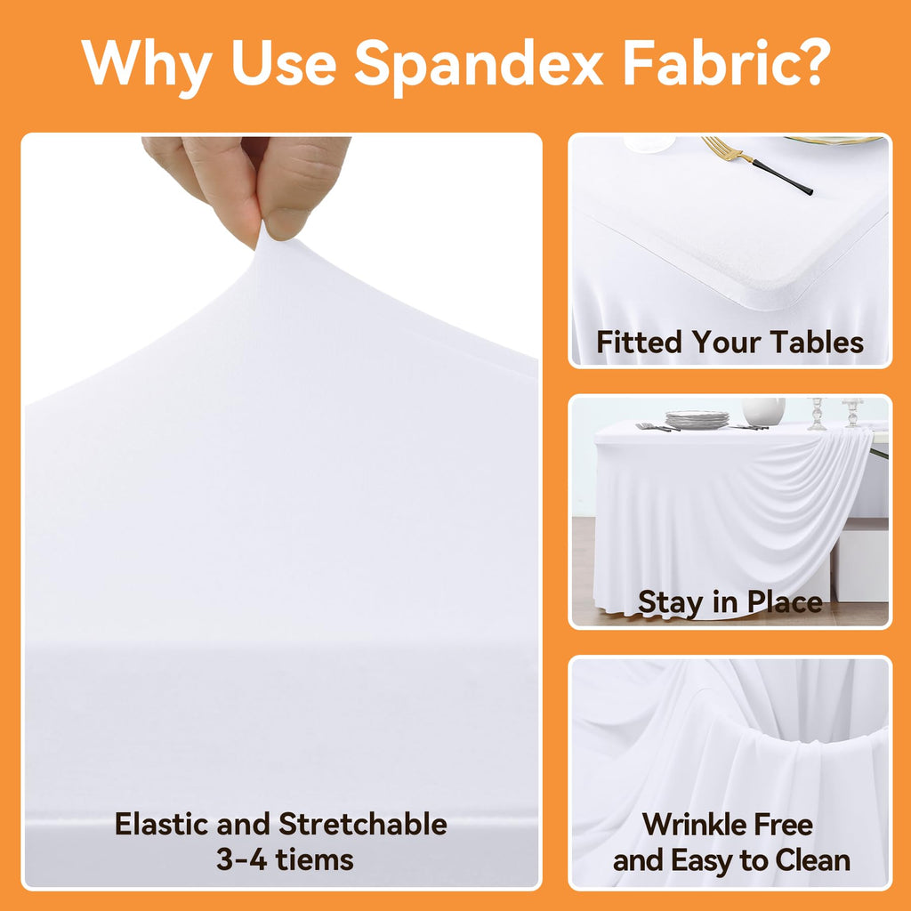NSSONBEN 4 Pack White Spandex Tablecloth 6ft, Wrinkle Free High Stretch Fitted Tablecloths for 6 Foot Rectangle Tables, Elastic Spandex Table Covers 6ft with Pleats Skirt for Party Wedding Banquet
