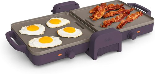 Bella 10"x20" Ceramic Fold-N-Store Griddle - Dual Temp Nonstick Kitchenware, 2 Zones Up to 400°F, Plum