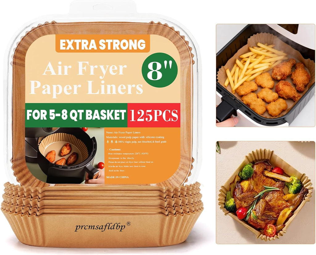 Air Fryer Liners - 125 Pcs Non-Stick Disposable Square Liners | 8 Inch, Heat Resistant Up to 450°F