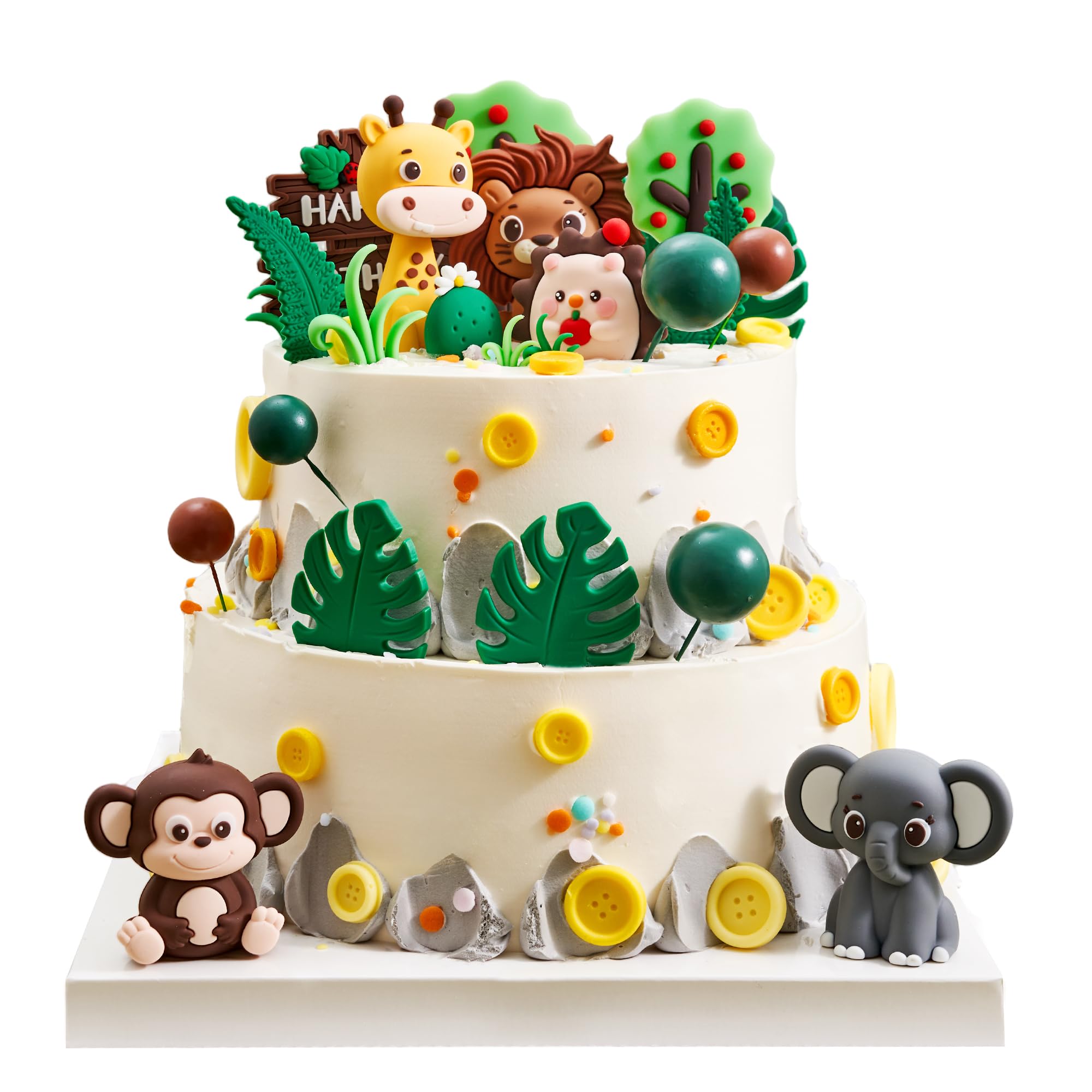 25PCS Jungle Safari Cake Toppers Set - 3D Zoo Animals Cake Toppers with Trees & Leaves, Wild One Birthday Decor for Jungle Theme Parties Supplies, Safari Cake Decorations