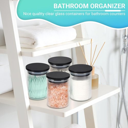 BKYFPQ Glass Qtip Holder Dispenser Set - 4 Apothecary Jars with Lids for Makeup & Bathroom Storage