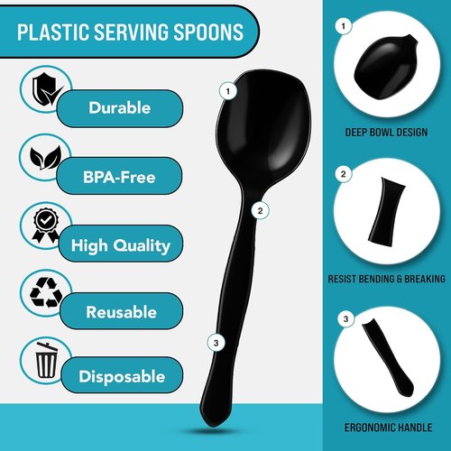 C&S Event Supply Co. Heavy Duty Black Plastic Serving Spoons - 12 Count, Perfect for Catering & Events