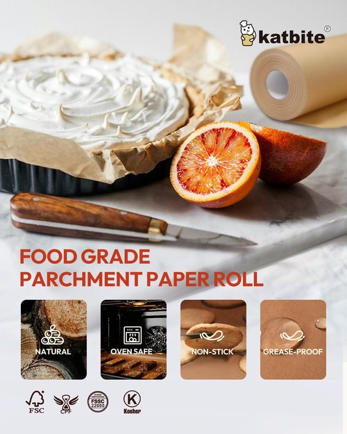 Katbite Unbleached Parchment Paper Roll - 15in x 242ft | 300 Sq.Ft Non-Stick Baking Paper with Serrated Cutter