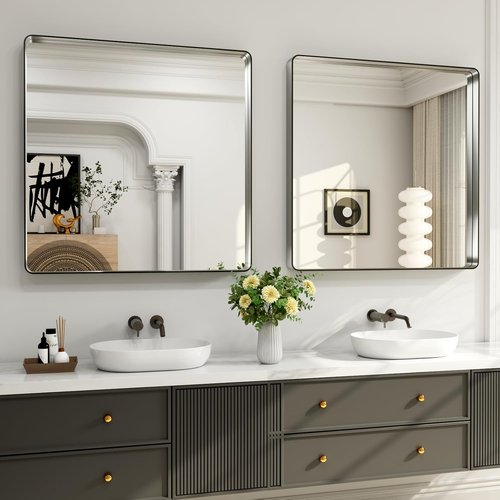 LOAAO Brushed Nickel Bathroom Mirror - 30x30 Inch Rounded Rectangle Design | Anti-Rust & Shatter-Proof