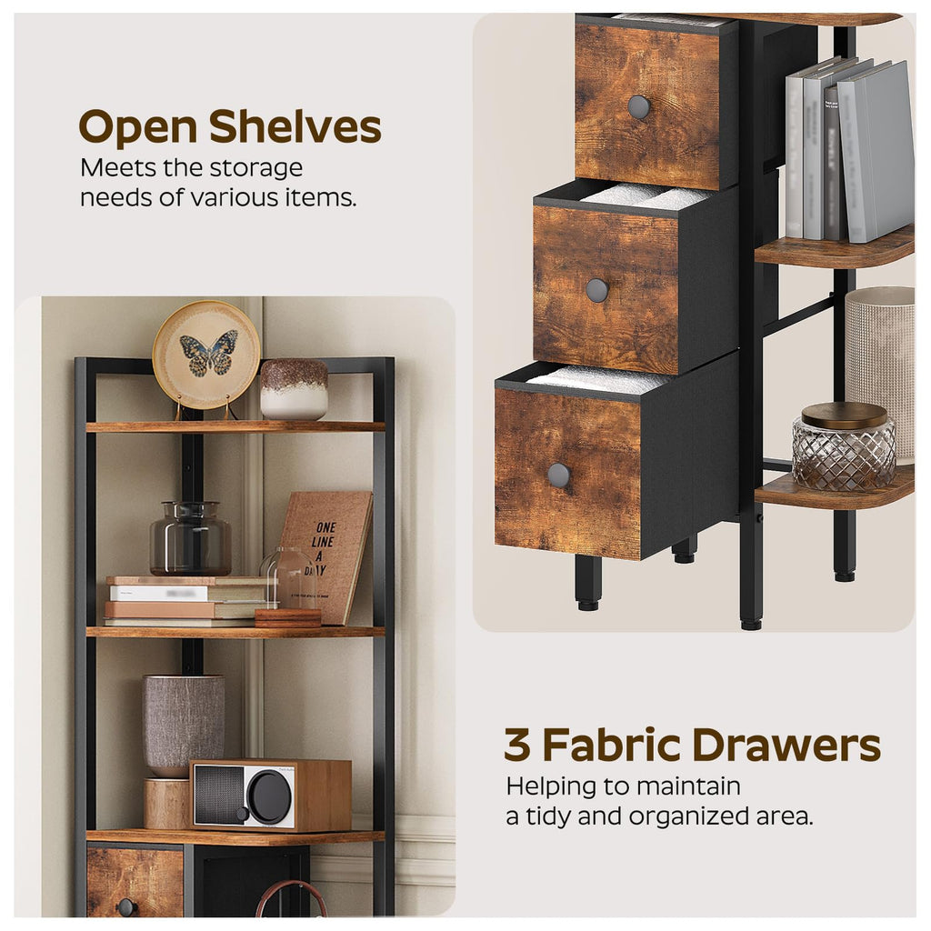 YATINEY Corner Shelf Stand, 5-Tier Corner Bookshelf with 3 Drawers, Industrial Display Shelf for Narrow Spaces, Wooden Small Bookcase, Easy Assembly, Rustic Brown and Black CJ10BR