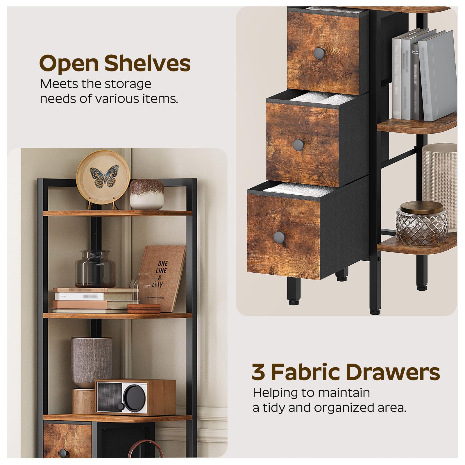 YATINEY Corner Shelf Stand, 5-Tier Corner Bookshelf with 3 Drawers, Industrial Display Shelf for Narrow Spaces, Wooden Small Bookcase, Easy Assembly, Rustic Brown and Black CJ10BR