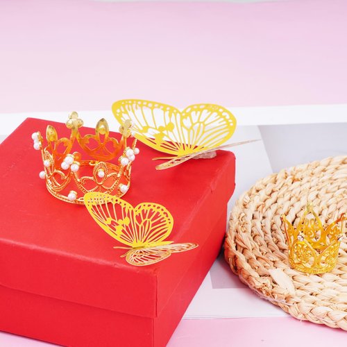 66PCS Flower Bouquet Accessories Gold, Cake Crown Topper, Mini Crowns Decoration for Birthday Wedding