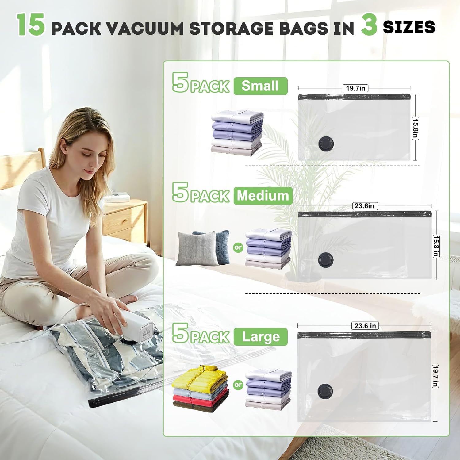 Mapambo Vacuum Storage Bags - 15 Pack with 60000Pa USB Pump | Space-Saving Travel Bags in 3 Sizes