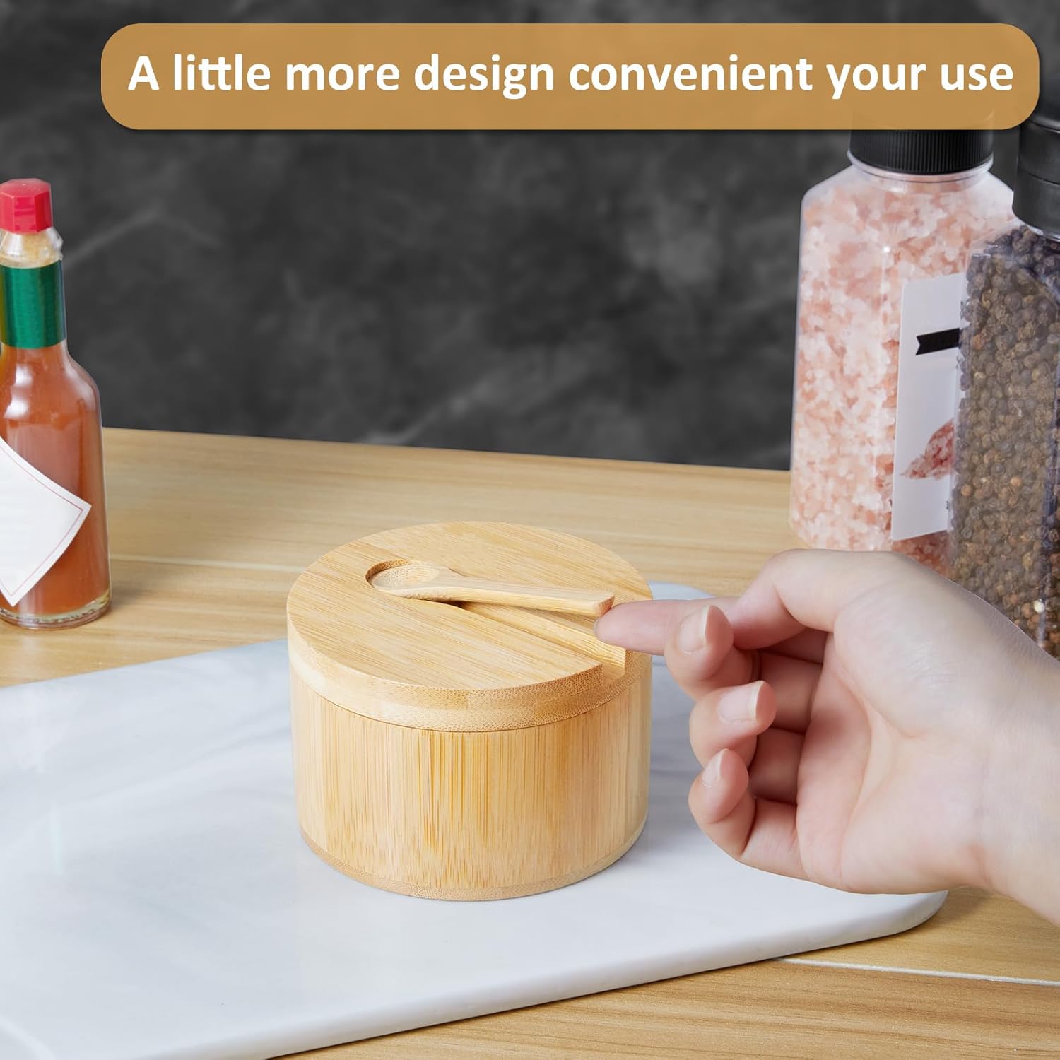 OUTNILI Bamboo Salt Box Bowl with Lid & Spoon - 360° Swivel Salt Cellar for Sea Salt & Herbs, 7 oz Capacity