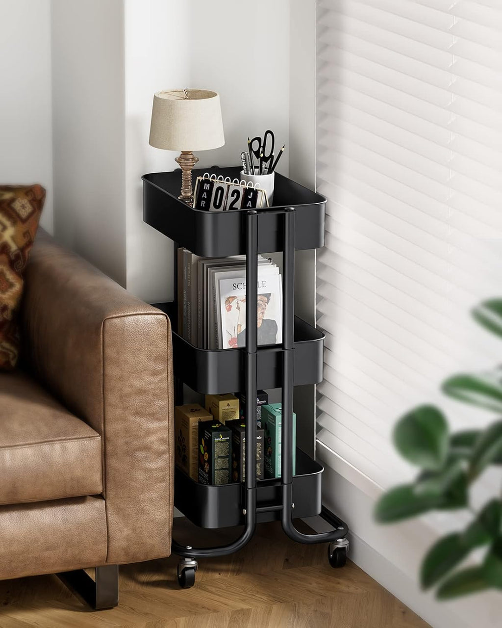 Pipishell 3-Tier Metal Rolling Utility Cart - Heavy-Duty Storage with Lockable Wheels | Black Mesh Design