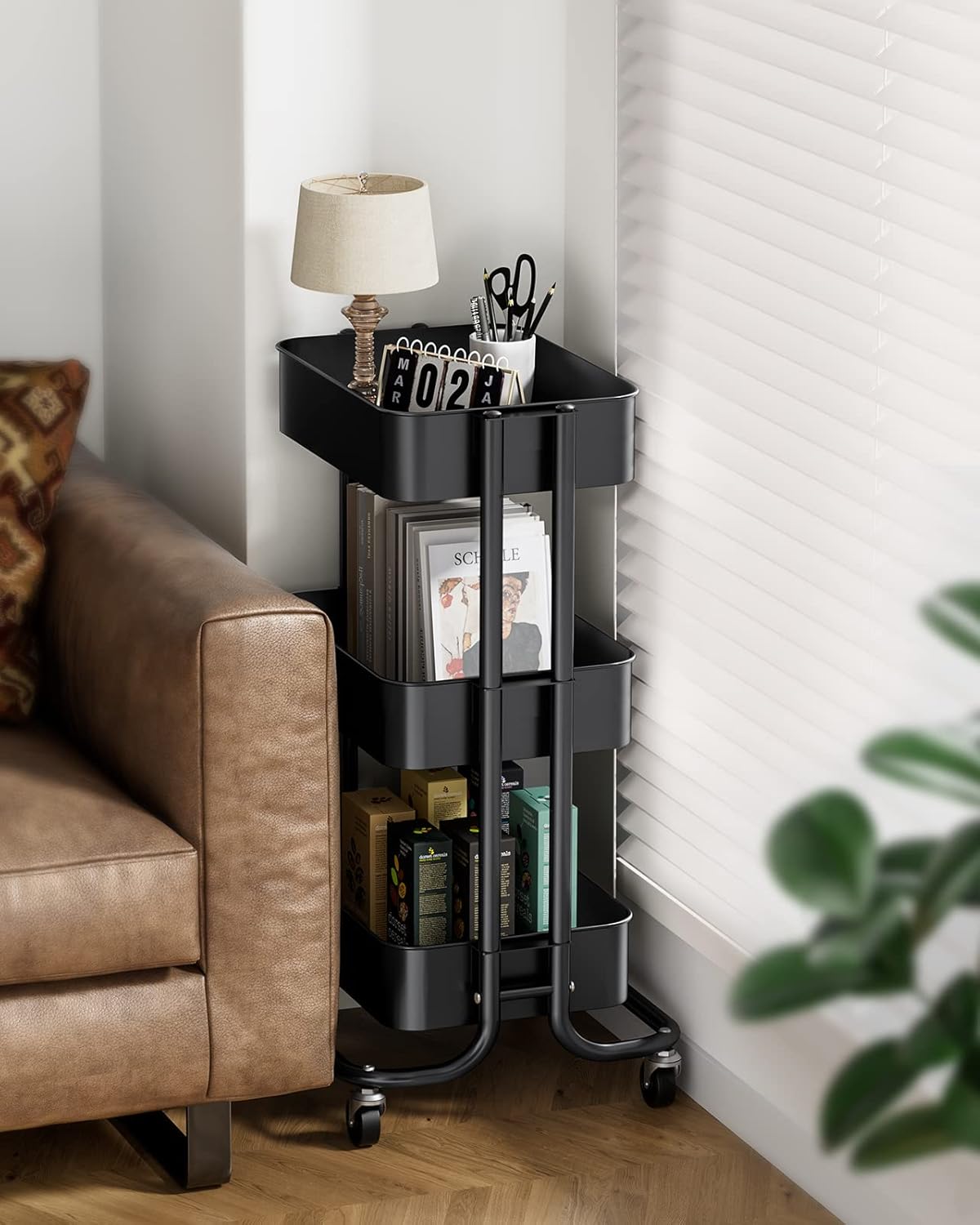 Pipishell 3-Tier Metal Rolling Utility Cart - Heavy-Duty Storage with Lockable Wheels | Black Mesh Design
