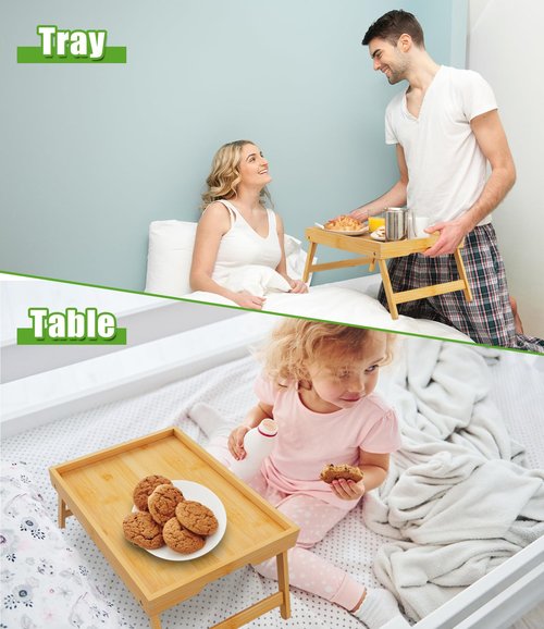 Youpehom Bed Tray Table with Folding Legs,Bamboo Breakfast in Bed for Kitchen Serving Tray,Sofa,Eating,Used As Laptop Desk Snack Tray (Bamboo, Large)