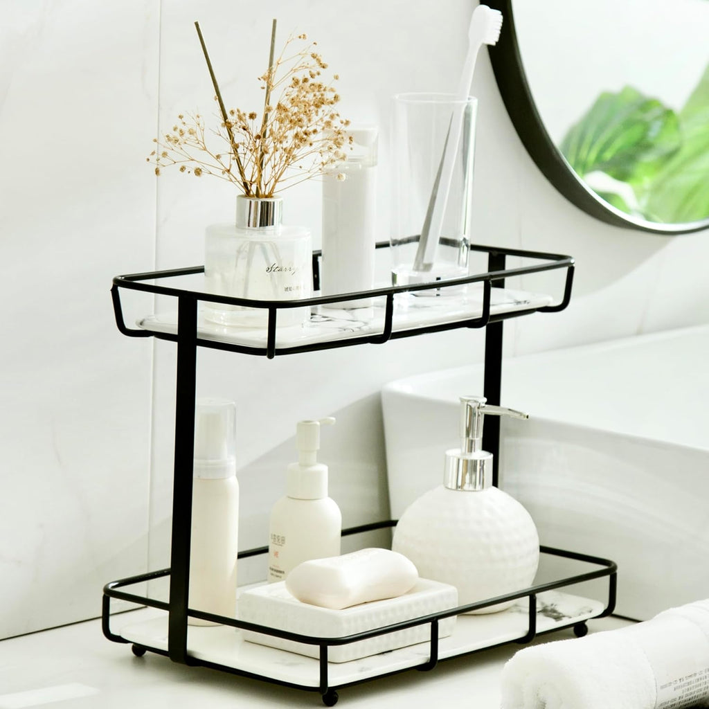 Skiennix Bathroom Organizer - 2-Tier Perfume & Makeup Storage Rack | Stainless Steel & White Marble